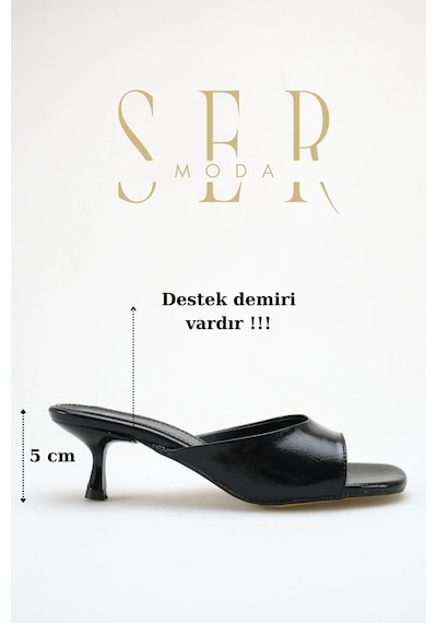 Sermoda Topuklu Kadın Terlik - 5 Cm İnce Topuklu Küt Burun Kadın Terlik Siyah Yanki