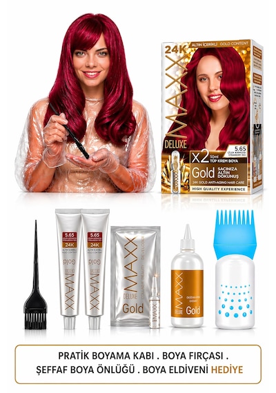 Maxx Deluxe Golden Beauty Set Saç Boyası 5.65 Çilek Kırmızısı 2 Li + Fırça+pratik Boyama Kabı