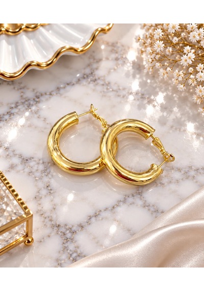Premium Parlak Ve Şık Gold Renk Dokulu Bombeli Küçük Boy 316l Çelik Halka Kadın Küpe Altın