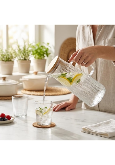 Bambu Kapaklı Borosilikat Cam Yağdanlık Ve Sürahi 1000ml 11x26cm Çok Amaçlı İçecek Ve Sıvı Gıda Saklama Çok Renkli