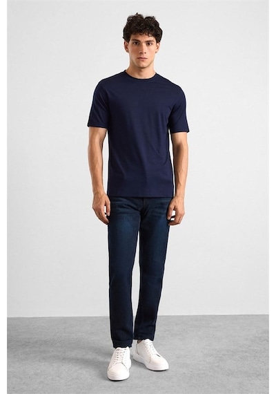 Süvari Lacivert Slim Düz Baskısız Düz Bisiklet Yaka Tişört Sts1014000038-m09