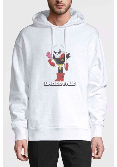Undertale Skull Baskılı Beyaz Erkek Örme Kapşonlu Sweatshirt