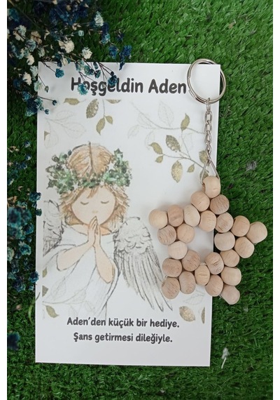 10 Adet Melek Kartlı Ahşap Yıldız Anahtarlık - Bebek Hediyesi -