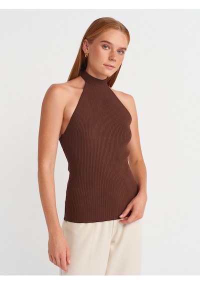 Dilvin 10798 Halter Bağlamalı Yaka Fitilli Triko Bluz-kahve Kahve