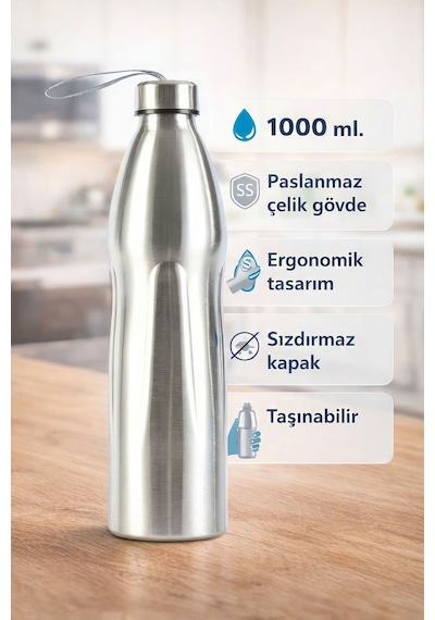 Çelik Gri Askılı 1000 Ml Sporcu Suluğu Matara Suluk Sıcak-soğuk Tutmaz Mt242 Gri