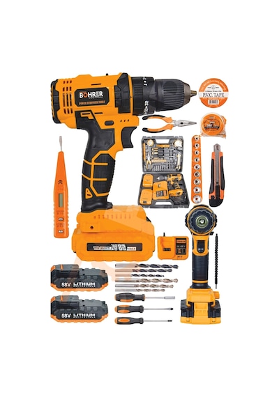 Böhrer 32t Böhr 58v 5ah Darbeli Metal Şanzıman 32 Parça Full Set Orange Çift Akülü Şarjlı Vidalama Matkap