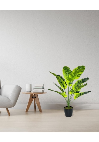 Yapay Çiçek Saksıda Muz Desenli Yapraklı 12dal 60cm Salon Çiçeği Yapay Bitki