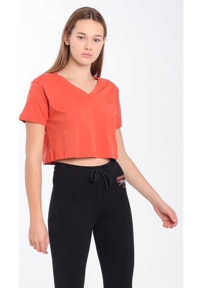 Maraton Sportswear Regular Kadın V Yaka Kısa Kol Basic Kiremit Crop Top 21236 Kiremit