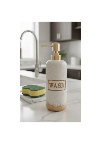 Porselen Wash Yazılı Altın Kapaklı Sıvı Sabunluk Şık Modern Banyo Aksesuar Krem - 777968624 Krem