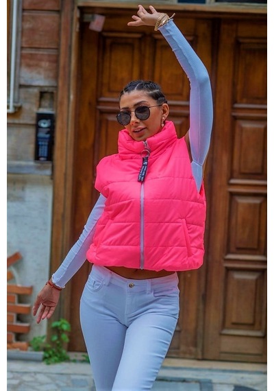 Genel Pembe Dik Yaka Beli Lastikli Cepli Kısa Şişme Yelek