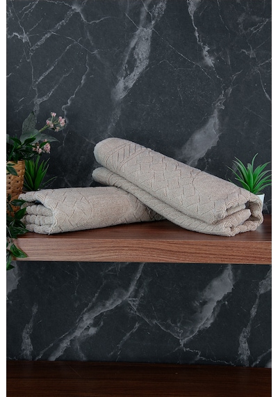 Ayak İzi Desenli 2li Ayak Havlusu - 50x70 Cm - Su Emici Banyo Paspası Seti - Krem krem