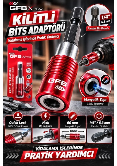 Gfb X-pro Kilitli Bits Adaptörü 60 Mm 1/4" Manyetik Quick Lock Hızlı Uç Değiştirme Aparatı