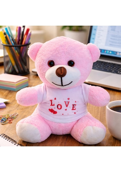 Love Tişörtlü Pembe Peluş Ayıcık