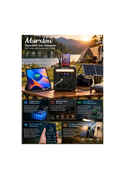 Marxlow 300w Pro 256wh Lifepo4 Taşınabilir Güç Istasyonu Eps Acil Güç Besleme - Wi-fi, Kablosuz Şarj, 65w Usb-c, 230v Ac Ozk001512