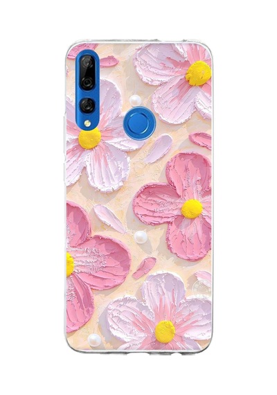 Honor 9x Uyumlu Pembe Beyaz Çiçekler Sulu Boya Baskılı Silikon Kılıf