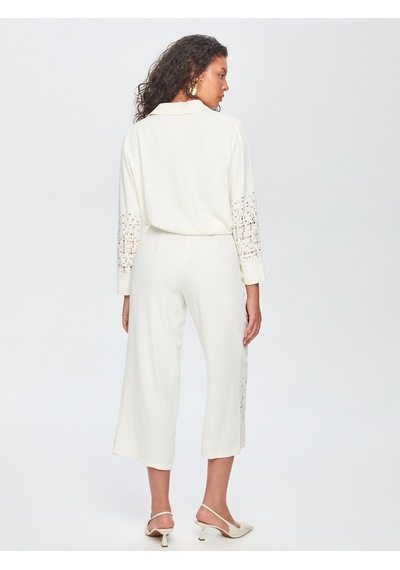 Faik Sönmez Paçası Delik İşli Wide Leg Fit Pantolon 69467 U6946773 Ekru