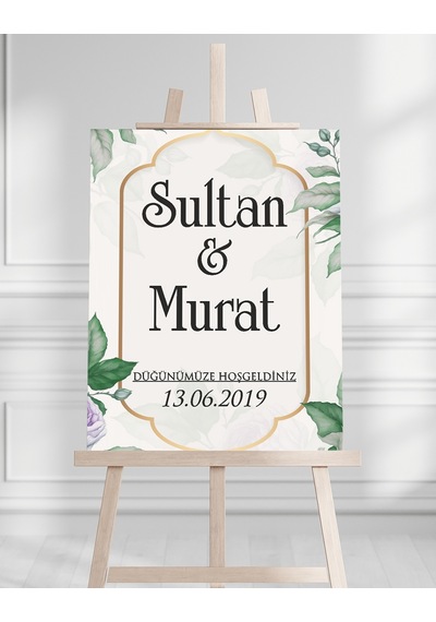 Söz Nişan Düğün İçin 50x70 Karşılama Panosu - Yeşil Çiçek Ve Dini Temalı Beyaz