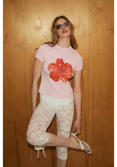 Grımelange Tıvat Kadın Yumuşak Ve Esnek Kumaşlı Baskı Detaylı Yuvarlak Yakalı Kısa Kol Pembe T-shirt