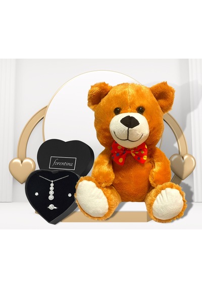 Forentina Kadın Tria Kolye Küpe Yüzük Set - Peluş Ayı Hediye Set Ps2901 Çok Renkli
