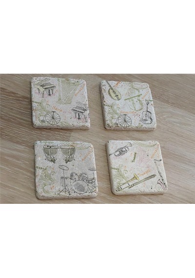 Müzik Aletleri Doğal Taş Bardak Altlığı 4'lü Set - Natural Stone Coasters-174249 Beyaz