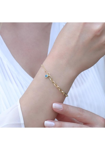Mini Geçme Halkalı Nazar Boncuklu Gold Kaplama Gümüş Hallow Bileklik Gümüş