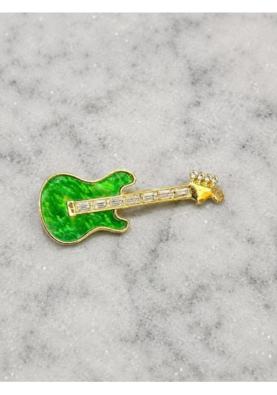 Yeşil Gitar Figürlü Mine Detaylı Baget Kristal Taşlı Altın Renk Kadın Broş Altın - Yeşil