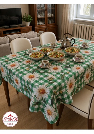Masa Örtüsü 150x170 Cm Yeşil Kareli Papatya Beyaz