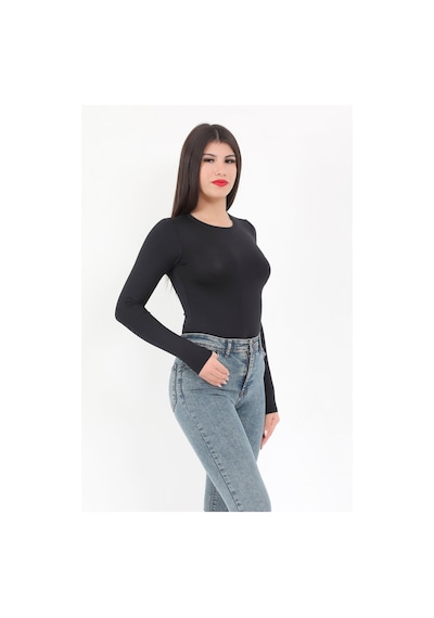 Giysa Kadın Siyah Bisiklet Yaka Uzun Kollu Esnek Çıtçıtlı Body Zıbın - 2439 Siyah
