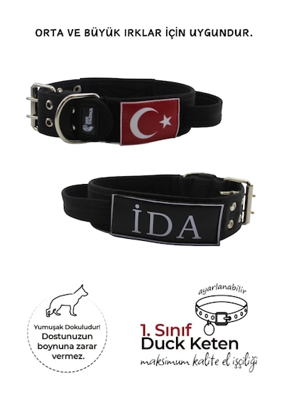 İsimli Bayraklı Elcikli Yumuşak Köpek Boyun Tasması Siyah