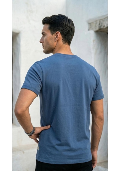 Plus Scorpion T02 Kol Katlama Erkek Slim Fit Basic Tişört Bisiklet Yaka, Düz Kumaş, Yazlık Model İndigo