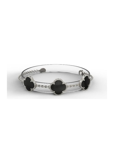 Roza Silver 925 Ayar Oniks Taşlı Rodyum Üçlü Yonca Gümüş Bileklik Rb10044