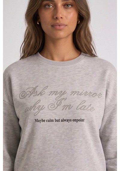 Fashion Friends Taşlı Gri Kadın Sweatshirt 26k0225k1