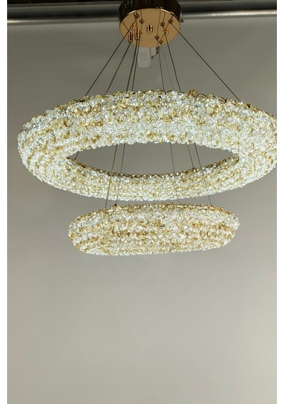 Çift Katlı Amber Kristal Taşlı Modern Led Halka Avize Gold 1