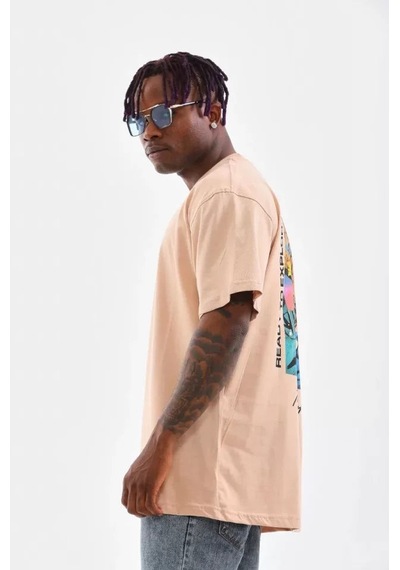 Yake Store Unisex Bisiklet Yaka Baskılı Oversize T-shirt - Bej - Bej