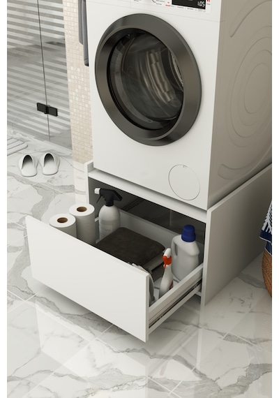Çekmeceli Çamaşır Makinesi Altı Dolap Yükseklik Arttırıcı Ve Saklama Alanı Banyo Düzenleyici Beyaz Beyaz