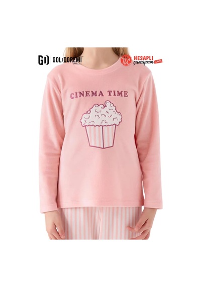 Roly Poly Premium Kız Çocuk Pop Corn Cınema Time Uzun Kollu Kadife Pijama Takım Pembe