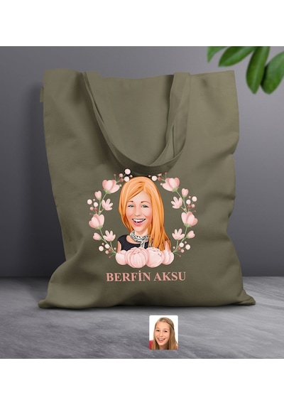 Bk Gift Kişiye Özel Anneler Günü Karikatürlü Haki Kumaş Bez Çanta, Baskılı Omuz Çantası, Alışveriş Çantası, Anneye Hediye-3 Haki