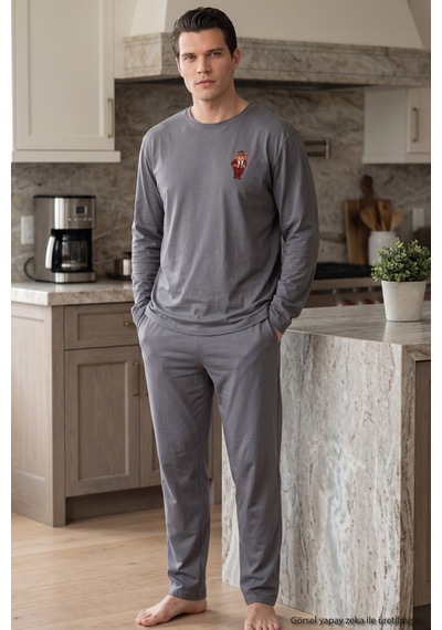 Siyah İnci Baskılı Pamuklu Likralı Örme Pijama Takım 26241803 Füme