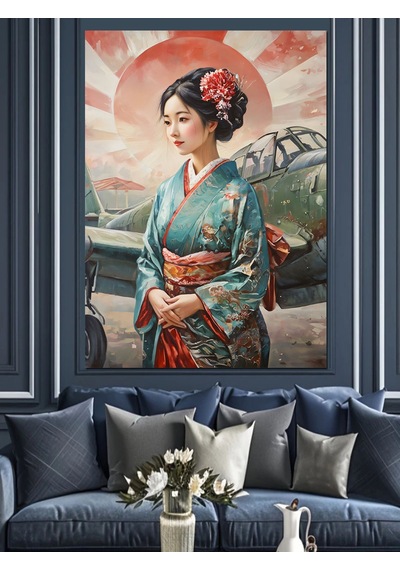 Ahşap Tablo Kimonolu Japon Kadın Portresi