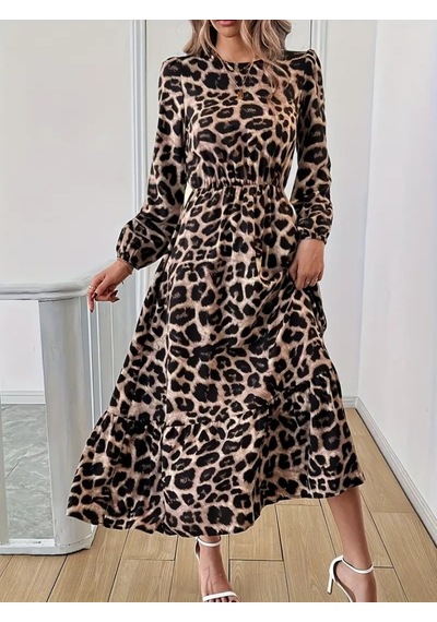 Dogutrend Uzun Kollu Bisiklet Yaka Leopar Desenli Midi Süprem Elbise