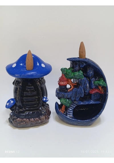 Tedi Sanat Mini Ay Mini Mavi Mantar Geri Akış Şelale Tütsülük Buhurdanlık 10 Adet Tütsü Hediyeli