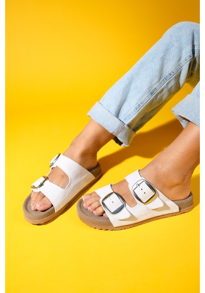 Luvishoes Luvi Shoes Ovesta Beyaz Süet Hakiki Deri Çift Bantlı Kadın Terlik Beyaz