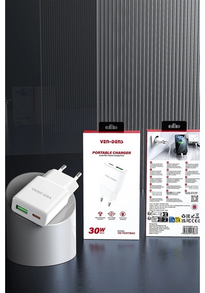 Ven-dens Vd-tc017bac 30 W Pd Type-c Hızlı Şarj Adaptörü, Usb-c Ve Usb-a Çift Port, Kompakt, Beyaz
