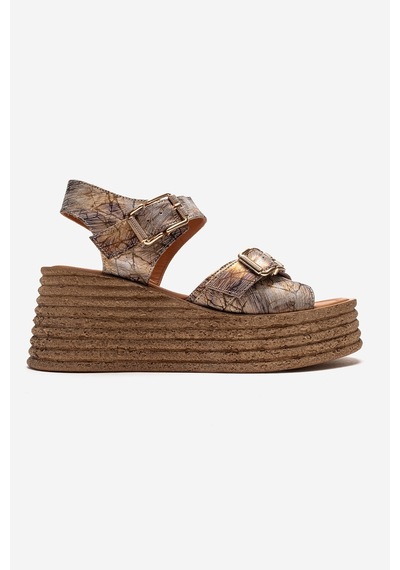 Luvishoes Mırette Altın Desenli Hakiki Deri Kadın Dolgu Tabanlı Sandalet