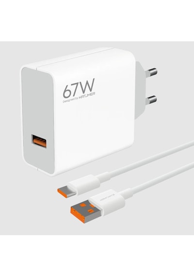 Katjmer Kj-67u-c Usb'li 67w+6a Type-c Kablolu Turbo Ev Tipi Şarj Aleti Salise Gösterir Beyaz