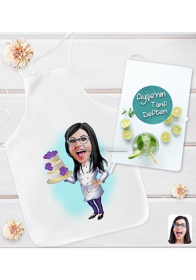 Bk Gift Kişiye Özel Karikatürlü Aşçı Anne Tasarımlı Mutfak Önlüğü Ve Yemek Tarif Defteri Hediye Seti-5, Anneye Hediye, Anneler Günü Hediyeleri