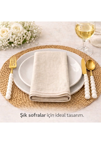 6 Adet Gold İnci Detaylı Yemek Çatalı Beyaz - Altın