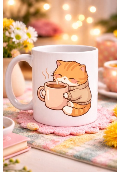 Hemengo Sevimli Kedi Tasarımlı Porselen Kupa Model 188 Kahve İçen Tatlı Kedi Figürlü Kahve Kupası Kedi S Diğer