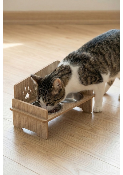 Ahşap Kedi Köpek Mama Su Kabı Standı, Metal Suluk, Kedi Köpek Halısı