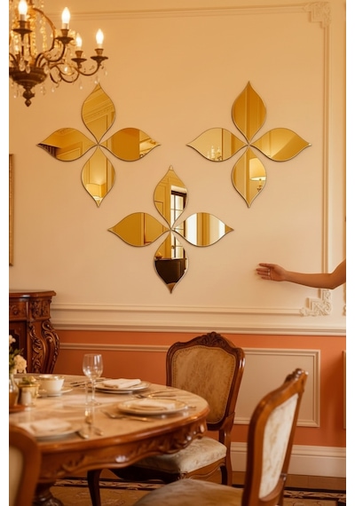 Yonca Şeklinde Yapışkanlı 1 Mm Gold Aynalı Pleksi 29 X 29 Cm 4 Adet 1 Takım Cam Sarı Renkli